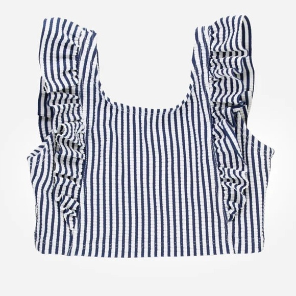 NWT Ruffle Butts Navy Seersucker Waterfall Tankini Top Baby Blue White Red - Picture 2 of 6